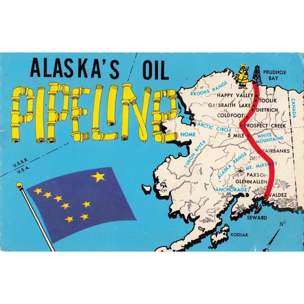 Vintage Alaskas Oil Pipeline Map Postcard Alaska Joe Plastichrome GEN-15 1976